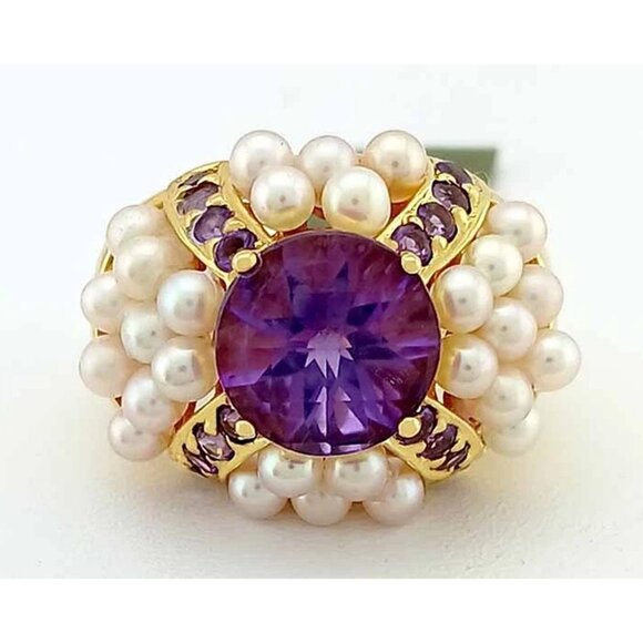 Genuine 3.78 Cts Checkerboard Amethyst & Pearl Ring 10k Gold